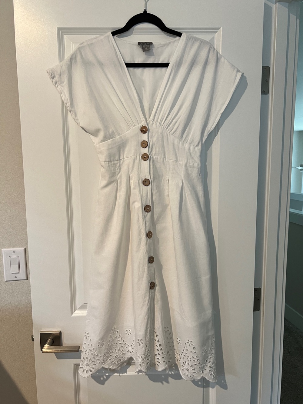 100% Cotton Angie White Button-Front Midi Dress with Eyelet Hem